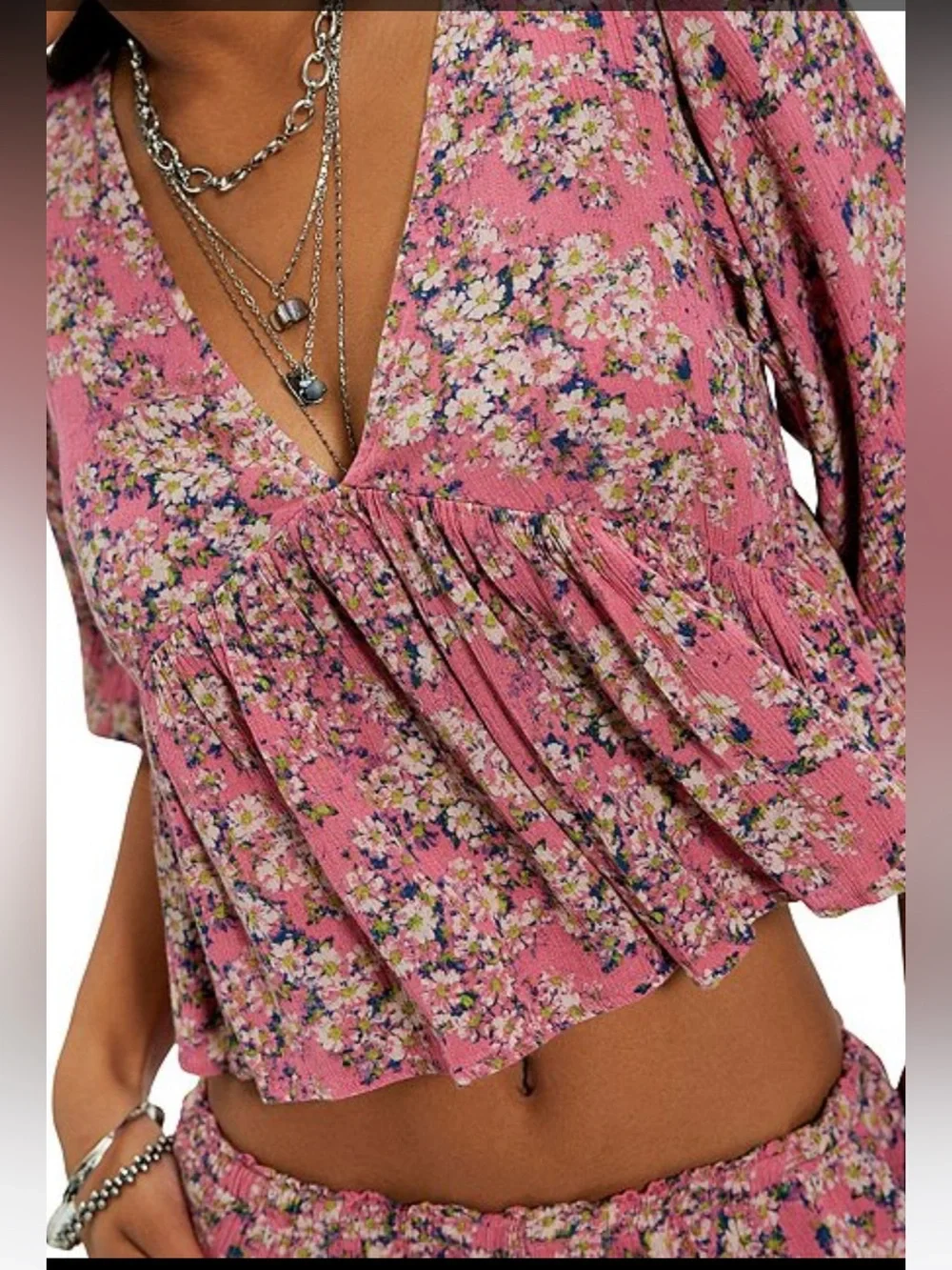 NWT🌷Free People Calla Lilly Floral Printed V-neck 3/4 Sleeve Top & Skirt Set